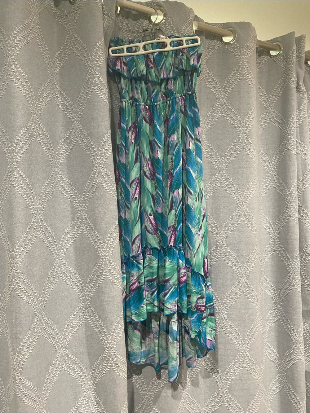 Teal & Purple Leaf-Print High-Low Dress